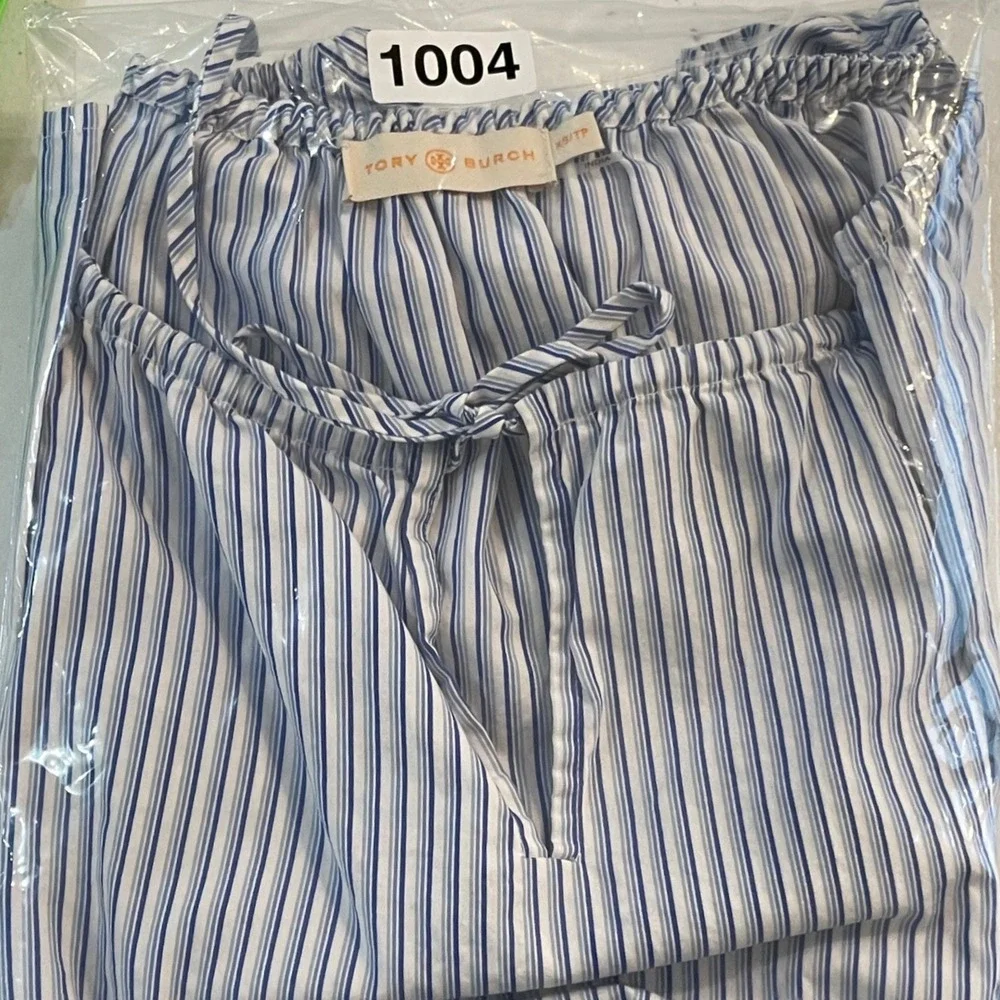 Tory Burch Striped Peasant Blouse XS Blue White Womens Puff Sleeve Tie Excellent